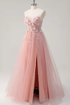 Sparkly Rosa A-Line Strapless Flores Corset Tule Long Prom Dress com Fenda