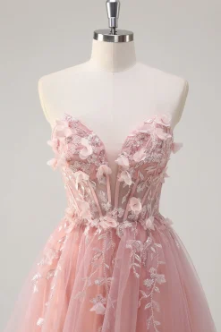 Sparkly Rosa A-Line Strapless Flores Corset Tule Long Prom Dress com Fenda