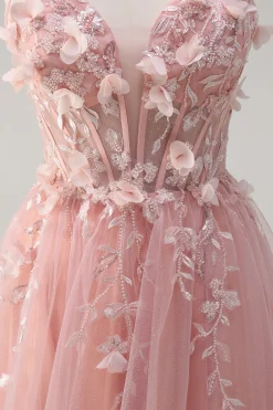 Sparkly Rosa A-Line Strapless Flores Corset Tule Long Prom Dress com Fenda