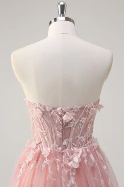Sparkly Rosa A-Line Strapless Flores Corset Tule Long Prom Dress com Fenda