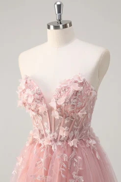 Sparkly Rosa A-Line Strapless Flores Corset Tule Long Prom Dress com Fenda