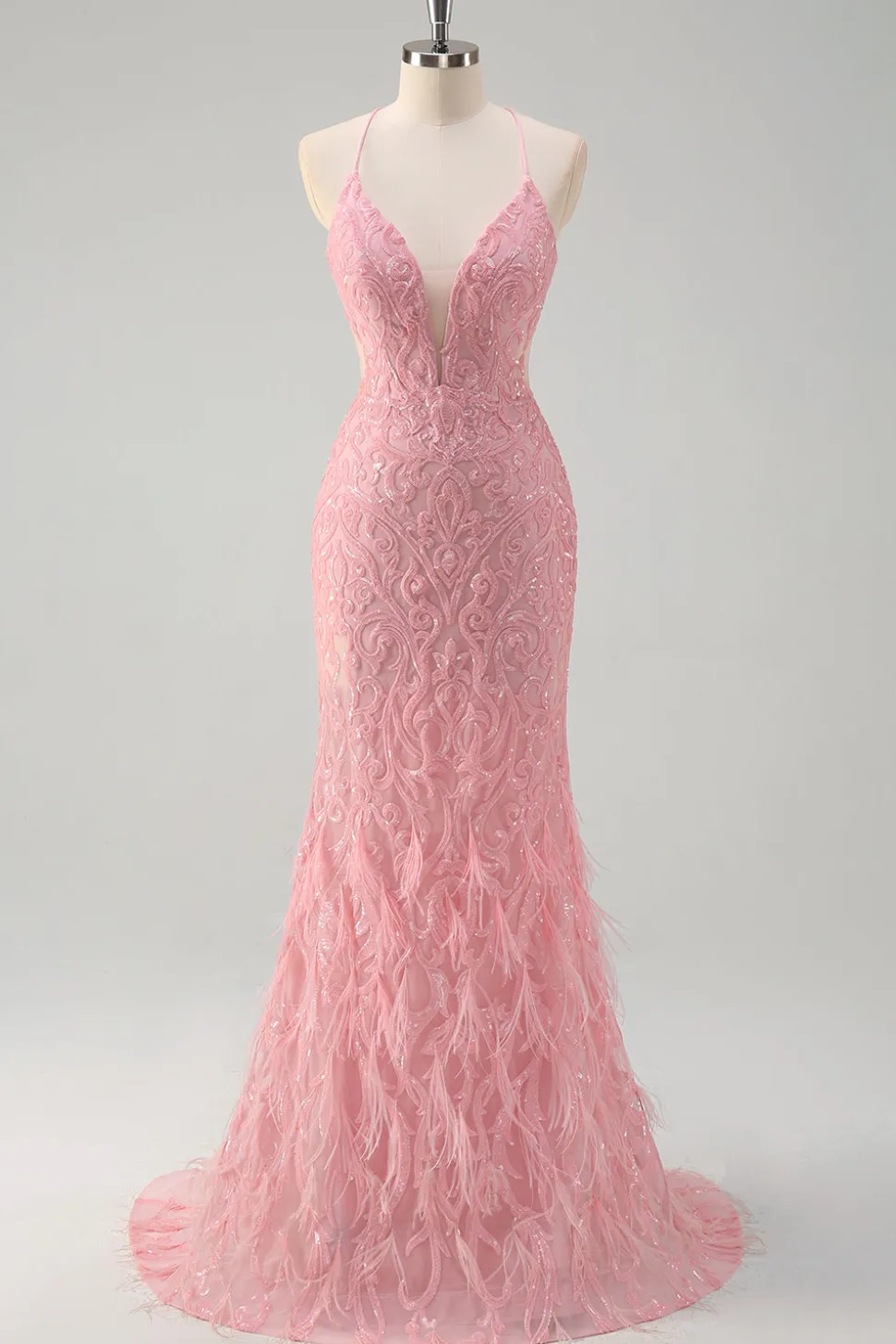 Sparkly Rosa Sereia Esparguete Correias Lantejoulas Long Prom Dress com penas