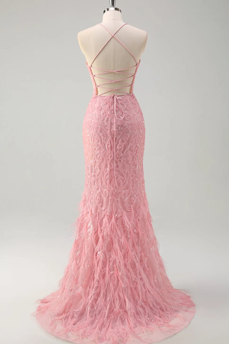 Sparkly Rosa Sereia Esparguete Correias Lantejoulas Long Prom Dress com penas