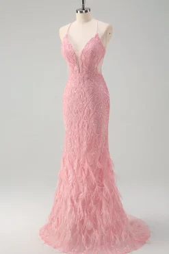 Sparkly Rosa Sereia Esparguete Correias Lantejoulas Long Prom Dress com penas