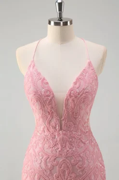 Sparkly Rosa Sereia Esparguete Correias Lantejoulas Long Prom Dress com penas
