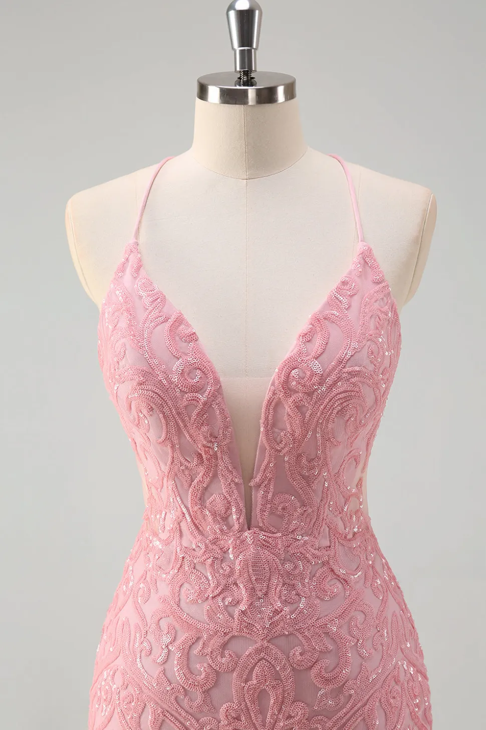 Sparkly Rosa Sereia Esparguete Correias Lantejoulas Long Prom Dress com penas