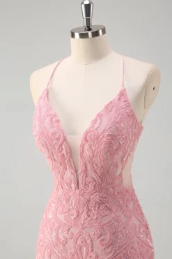 Sparkly Rosa Sereia Esparguete Correias Lantejoulas Long Prom Dress com penas