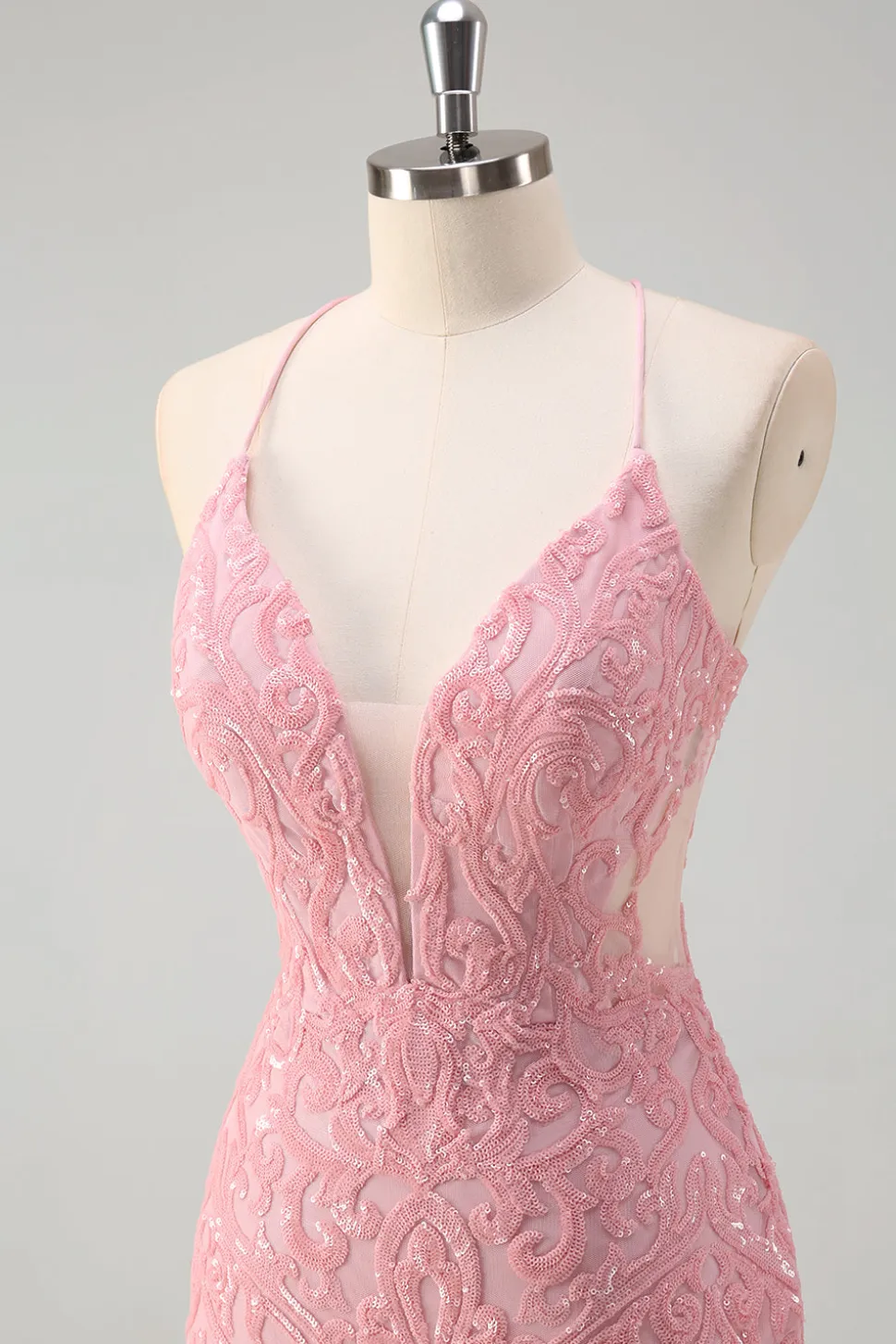 Sparkly Rosa Sereia Esparguete Correias Lantejoulas Long Prom Dress com penas