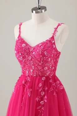Sparkly roxo A-Line Appliqued Long Prom Dress com fenda