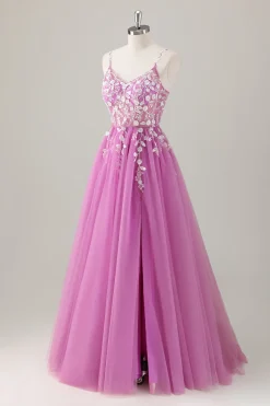 Sparkly roxo A-Line Appliqued Long Prom Dress com fenda