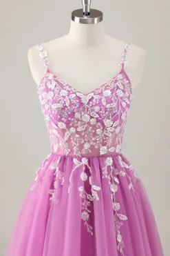 Sparkly roxo A-Line Appliqued Long Prom Dress com fenda