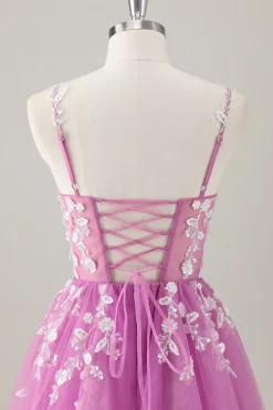 Sparkly roxo A-Line Appliqued Long Prom Dress com fenda