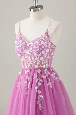 Sparkly roxo A-Line Appliqued Long Prom Dress com fenda