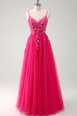 Sparkly roxo A-Line Appliqued Long Prom Dress com fenda