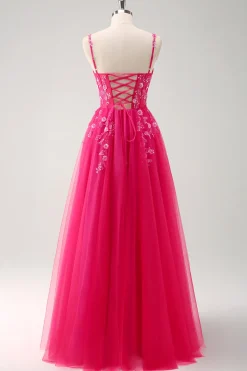 Sparkly roxo A-Line Appliqued Long Prom Dress com fenda