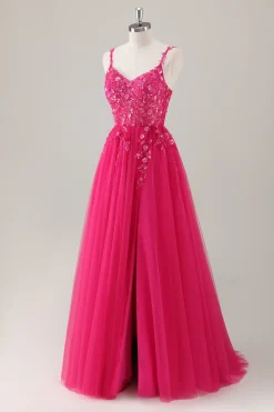 Sparkly roxo A-Line Appliqued Long Prom Dress com fenda