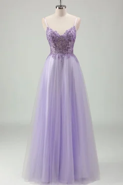 Sparkly roxo A-Line espaguete correias espartilho longo vestido de baile com apliques