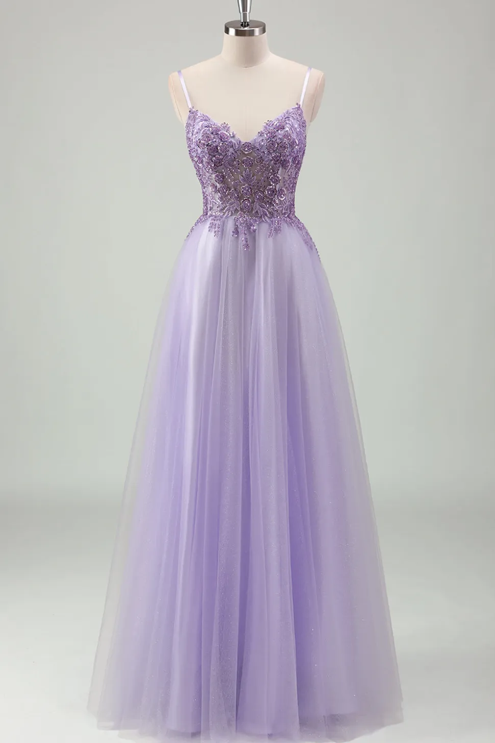 Sparkly roxo A-Line espaguete correias espartilho longo vestido de baile com apliques