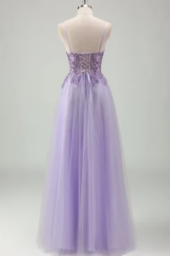 Sparkly roxo A-Line espaguete correias espartilho longo vestido de baile com apliques