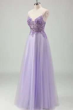 Sparkly roxo A-Line espaguete correias espartilho longo vestido de baile com apliques