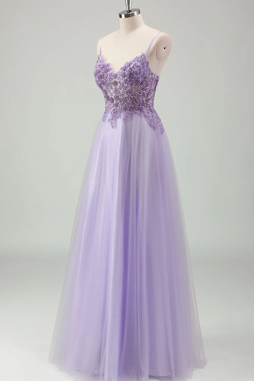Sparkly roxo A-Line espaguete correias espartilho longo vestido de baile com apliques
