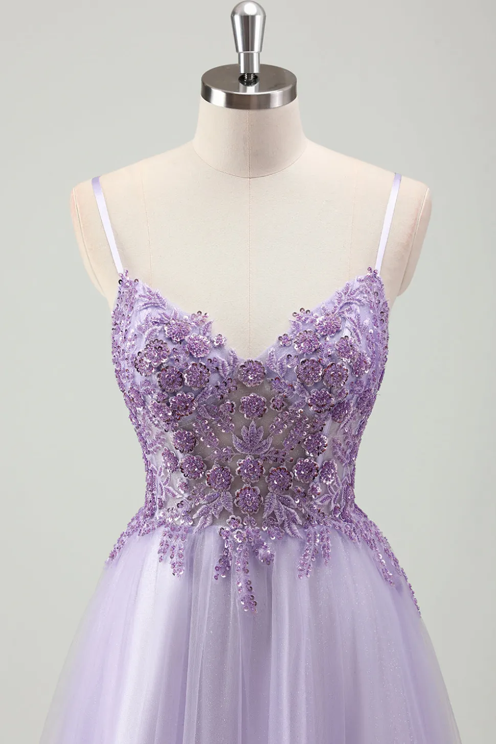 Sparkly roxo A-Line espaguete correias espartilho longo vestido de baile com apliques