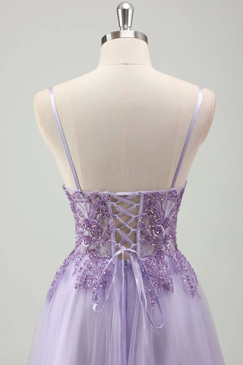Sparkly roxo A-Line espaguete correias espartilho longo vestido de baile com apliques