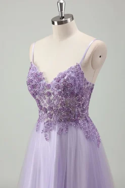 Sparkly roxo A-Line espaguete correias espartilho longo vestido de baile com apliques