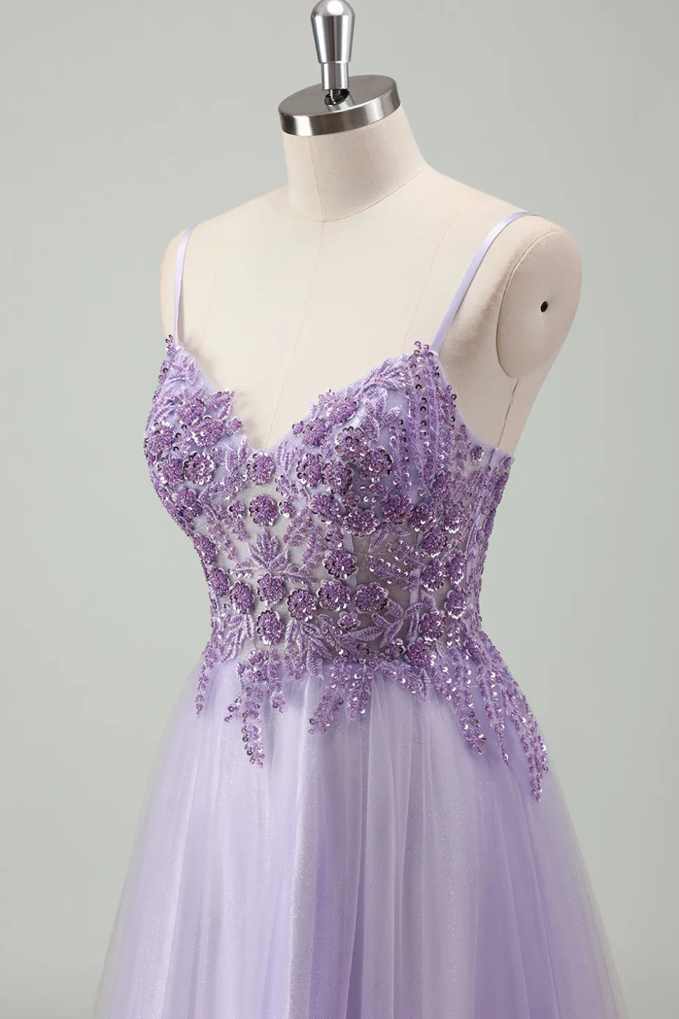 Sparkly roxo A-Line espaguete correias espartilho longo vestido de baile com apliques