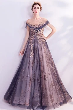 Sparkly roxo A-Line Tulle longo vestido de baile