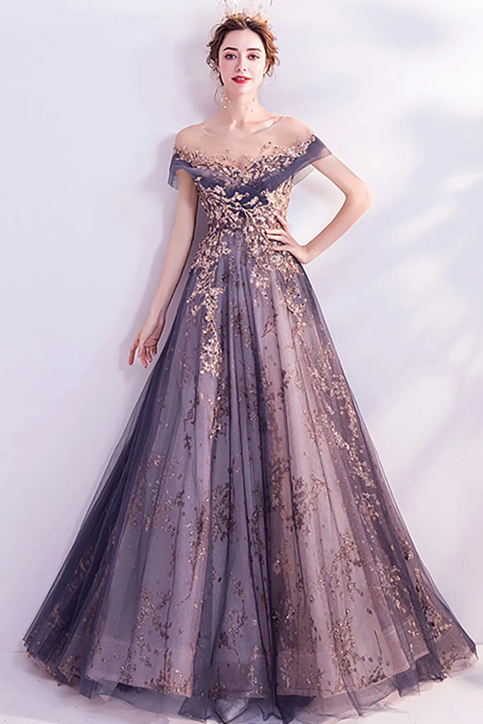 Sparkly roxo A-Line Tulle longo vestido de baile