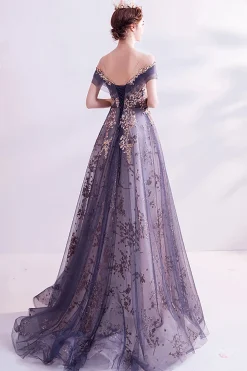Sparkly roxo A-Line Tulle longo vestido de baile