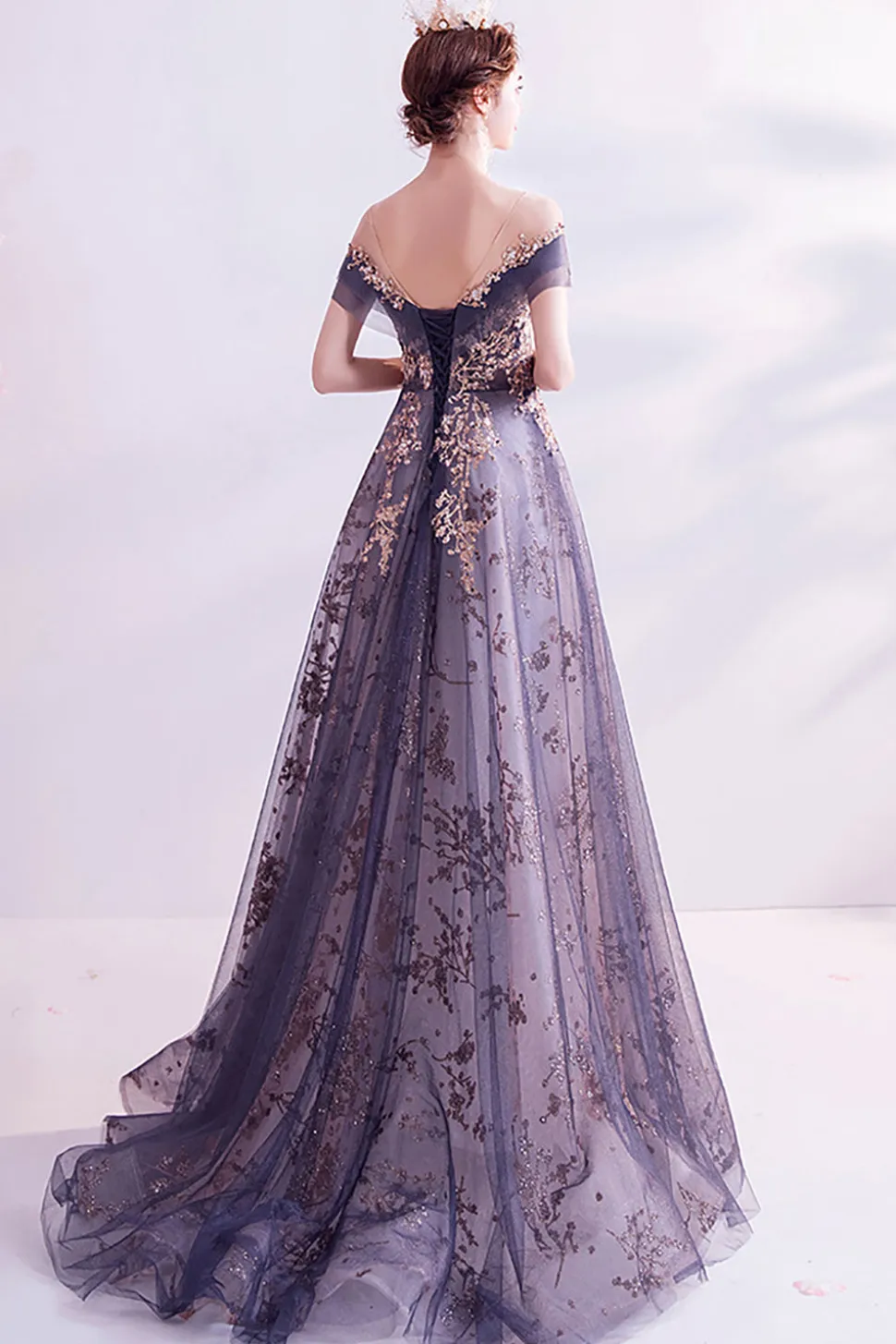 Sparkly roxo A-Line Tulle longo vestido de baile