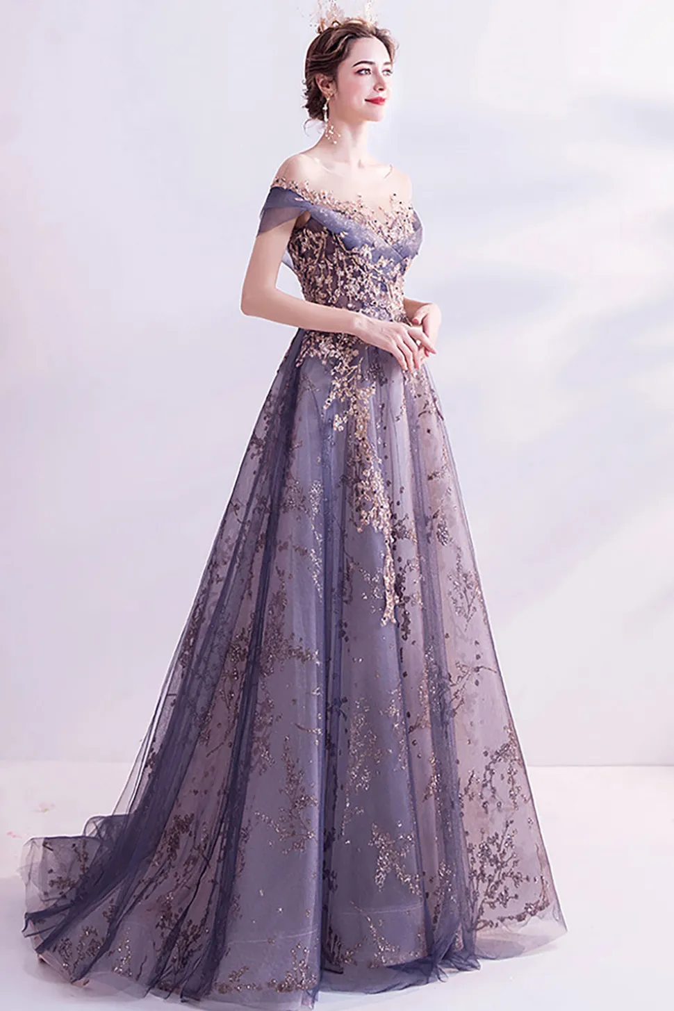 Sparkly roxo A-Line Tulle longo vestido de baile