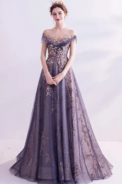 Sparkly roxo A-Line Tulle longo vestido de baile
