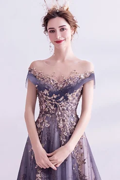 Sparkly roxo A-Line Tulle longo vestido de baile