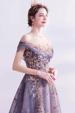 Sparkly roxo A-Line Tulle longo vestido de baile