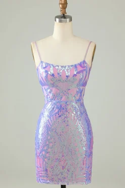 Sparkly roxo lantejoulas sem costas apertado curto Homecoming Dress