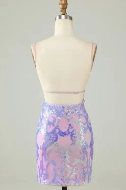 Sparkly roxo lantejoulas sem costas apertado curto Homecoming Dress