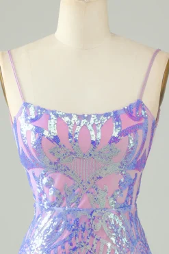 Sparkly roxo lantejoulas sem costas apertado curto Homecoming Dress