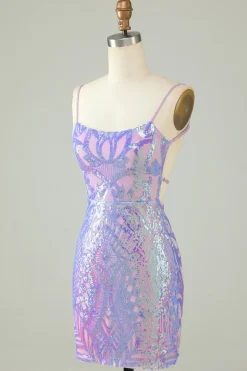 Sparkly roxo lantejoulas sem costas apertado curto Homecoming Dress