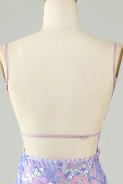 Sparkly roxo lantejoulas sem costas apertado curto Homecoming Dress