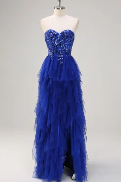 Sparkly Royal Blue A-Line Strapless Sequin Ruffles Tulle Long Prom Dress com fenda