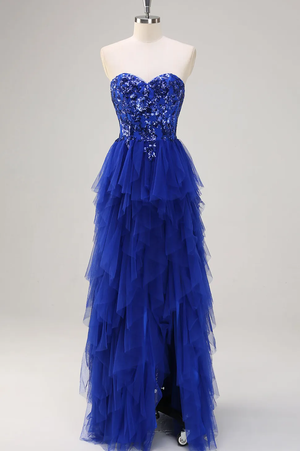 Sparkly Royal Blue A-Line Strapless Sequin Ruffles Tulle Long Prom Dress com fenda