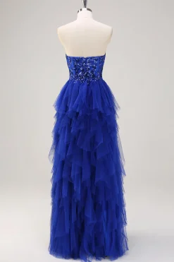 Sparkly Royal Blue A-Line Strapless Sequin Ruffles Tulle Long Prom Dress com fenda
