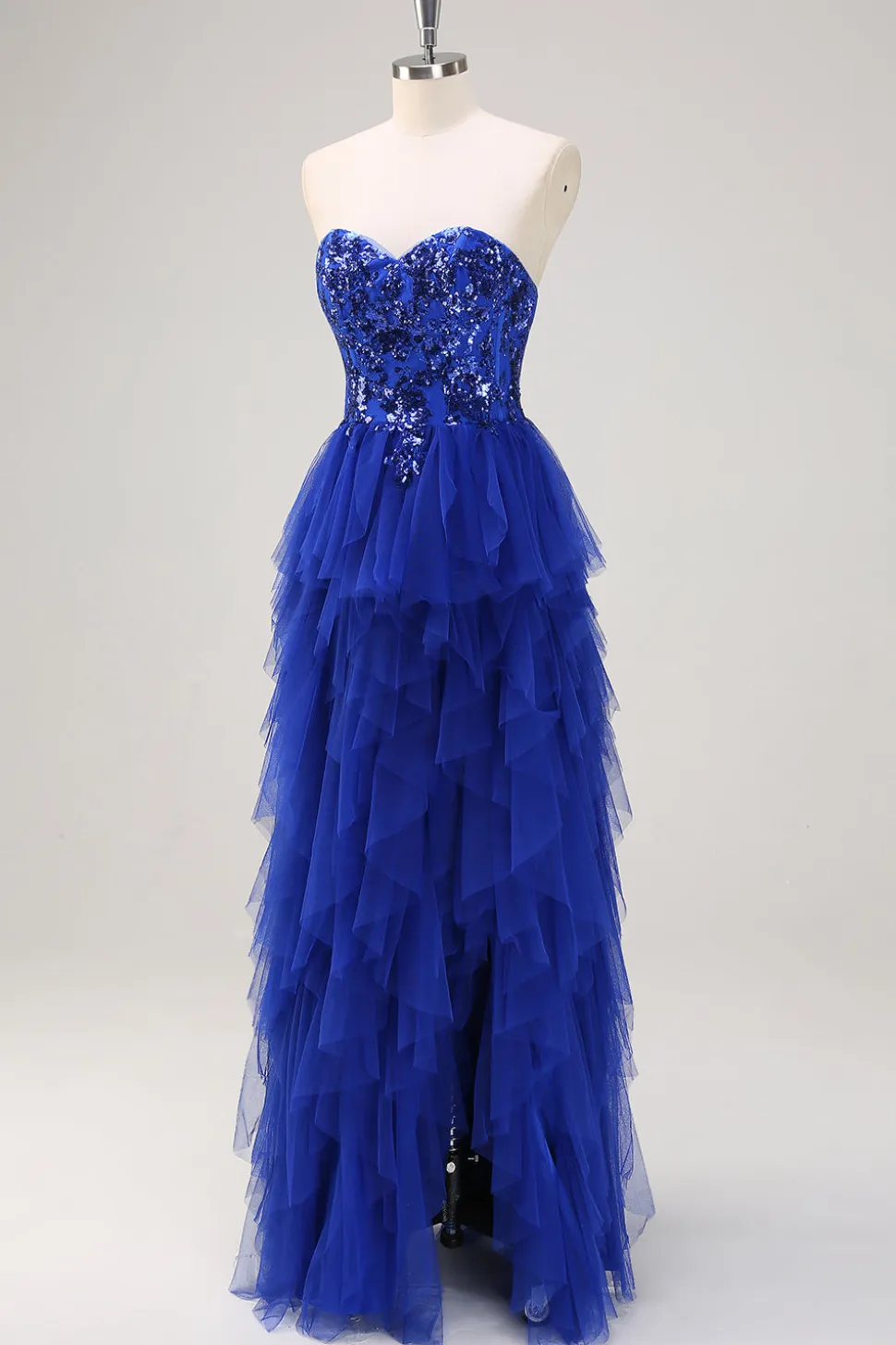 Sparkly Royal Blue A-Line Strapless Sequin Ruffles Tulle Long Prom Dress com fenda