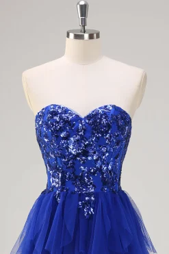 Sparkly Royal Blue A-Line Strapless Sequin Ruffles Tulle Long Prom Dress com fenda