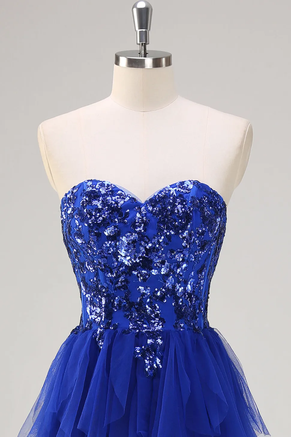 Sparkly Royal Blue A-Line Strapless Sequin Ruffles Tulle Long Prom Dress com fenda