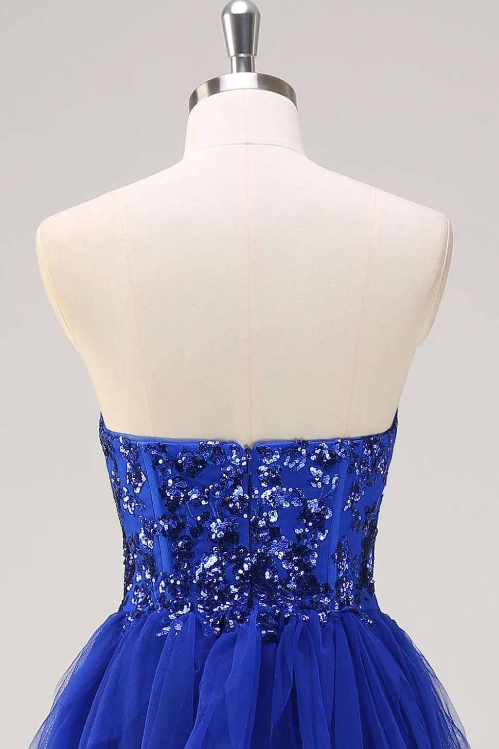Sparkly Royal Blue A-Line Strapless Sequin Ruffles Tulle Long Prom Dress com fenda