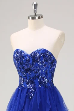 Sparkly Royal Blue A-Line Strapless Sequin Ruffles Tulle Long Prom Dress com fenda